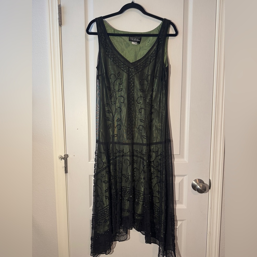 S. L. Fashions Great Gatsby Beaded Black over Green Chiffon Dress - Size 10 EUC